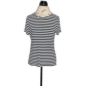 Talbots Womens Blouse Sz Medium Petite Striped Short Sleeve Back Zipper Stretch